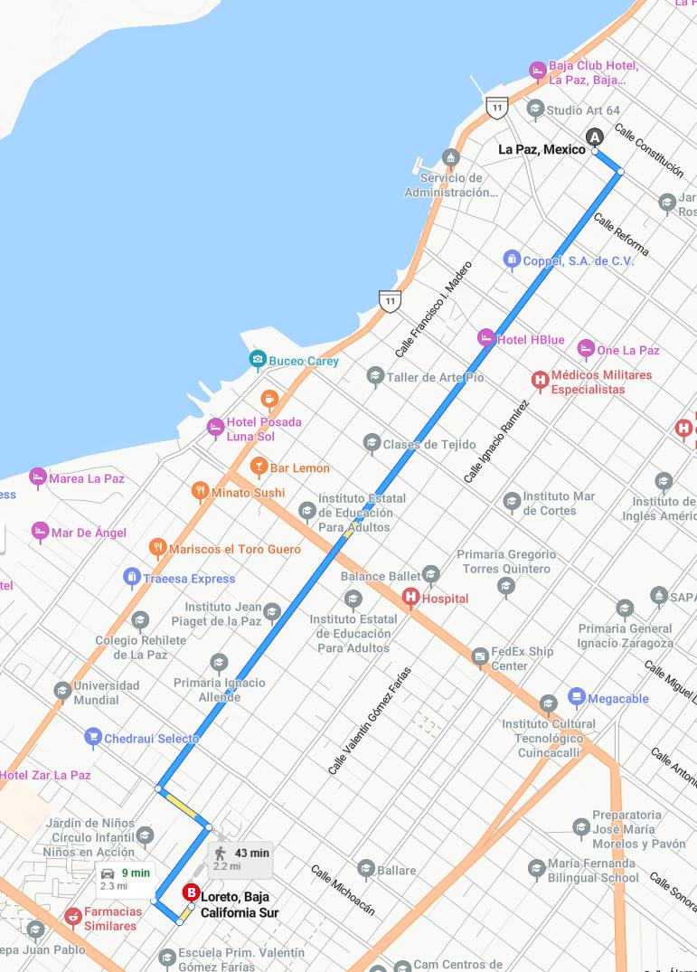 driving from La Paz, Baja California Sur to LoretoBaja California Sur - map and route