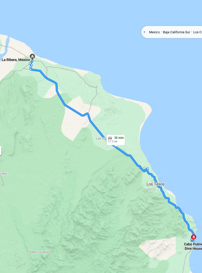 driving from La Ribera, Baja California Sur to Cabo PulmoBaja California Sur - map and route