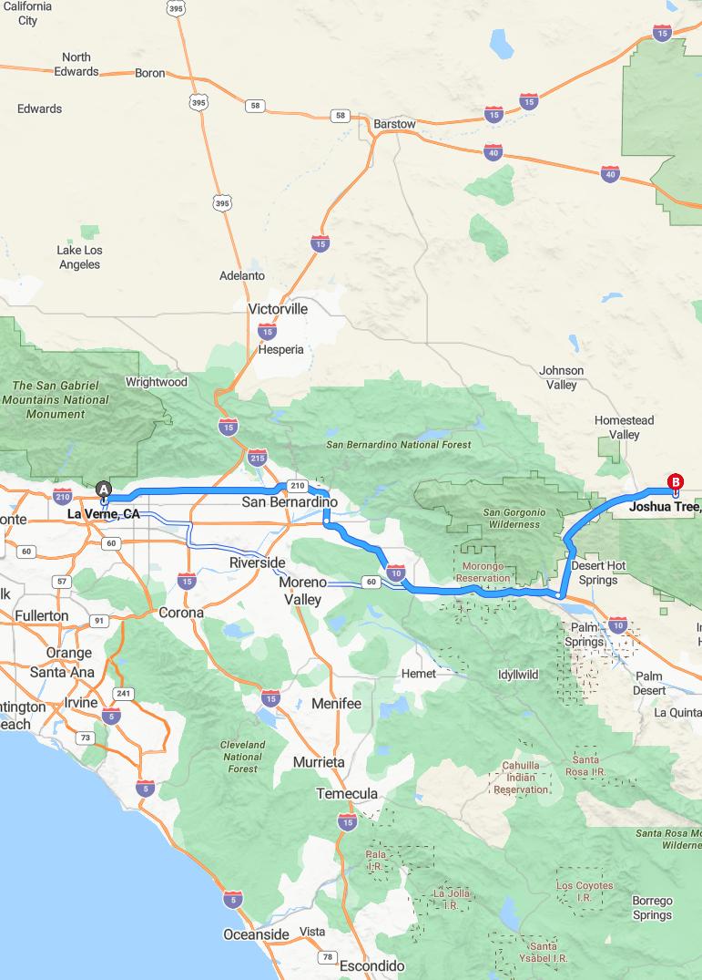 driving from La Verne, California to Joshua TreeCalifornia - map and route