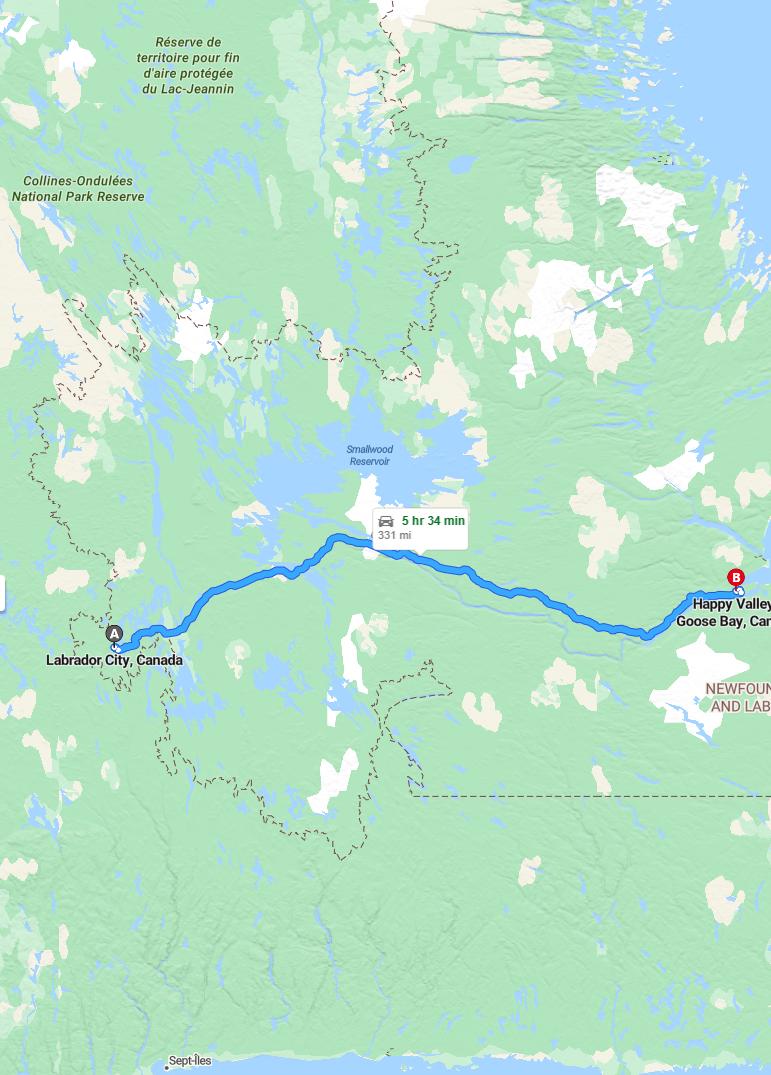 driving from Labrador City, Newfoundland and Labrador to Goose BayNewfoundland and Labrador - map and route