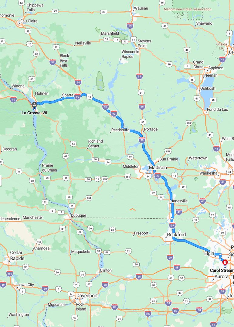 driving from Lacrosse, Wisconsin to Carol StreamIllinois - map and route