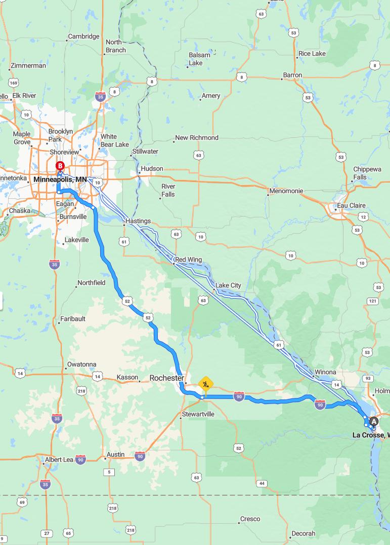driving from Lacrosse, Wisconsin to MinneapolisMinnesota - map and route
