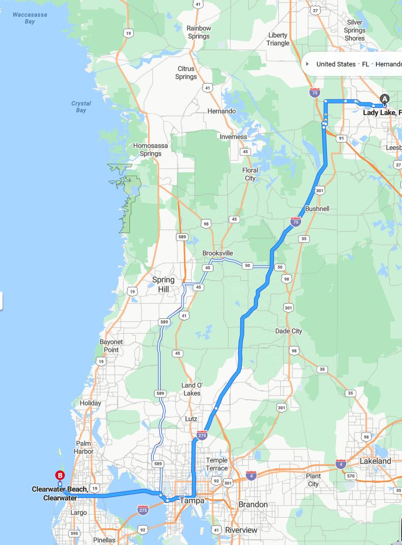 driving from Lady Lake, Florida to Clearwater BeachFlorida - map and route