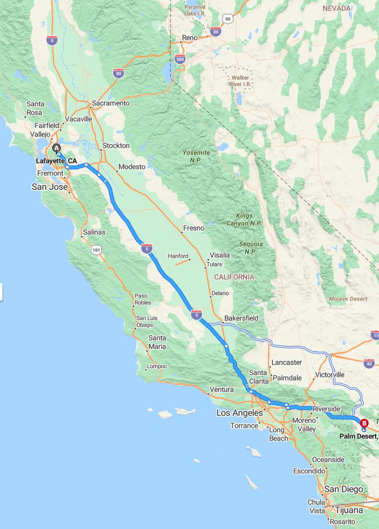 driving from Lafayette, California to Palm DesertCalifornia - map and route