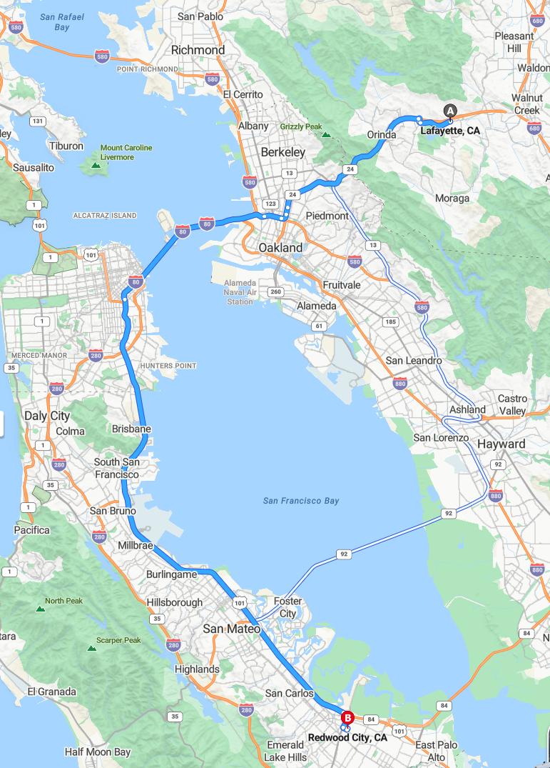 driving from Lafayette, California to Redwood CityCalifornia - map and route