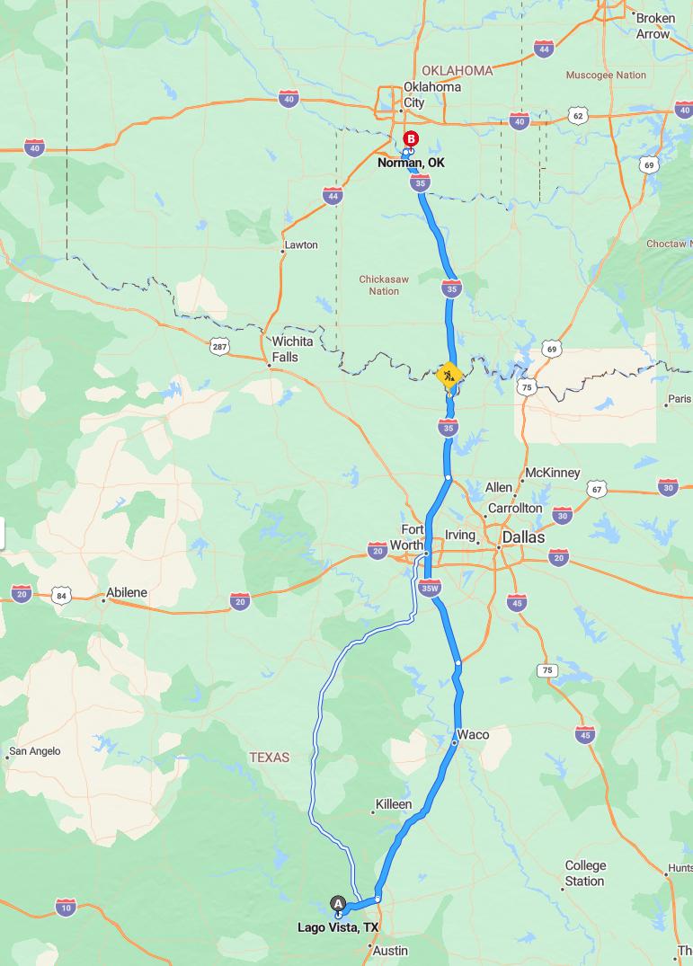 driving from Lago Vista, Texas to NormanOklahoma - map and route