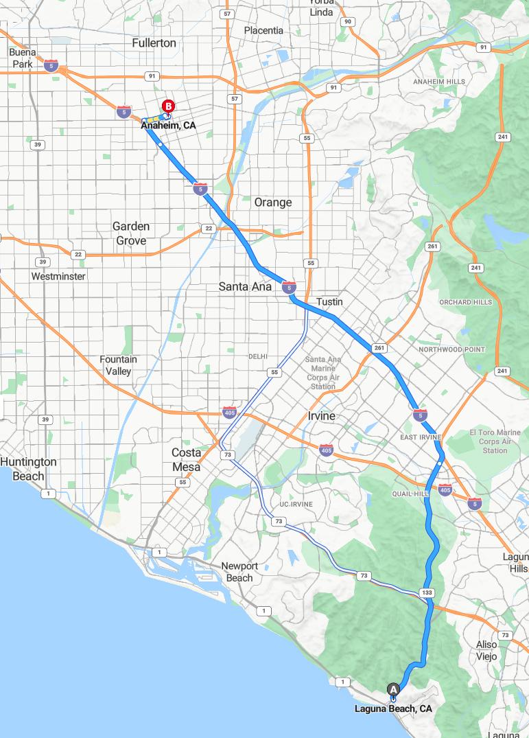 driving from Laguna Beach, California to AnaheimCalifornia - map and route