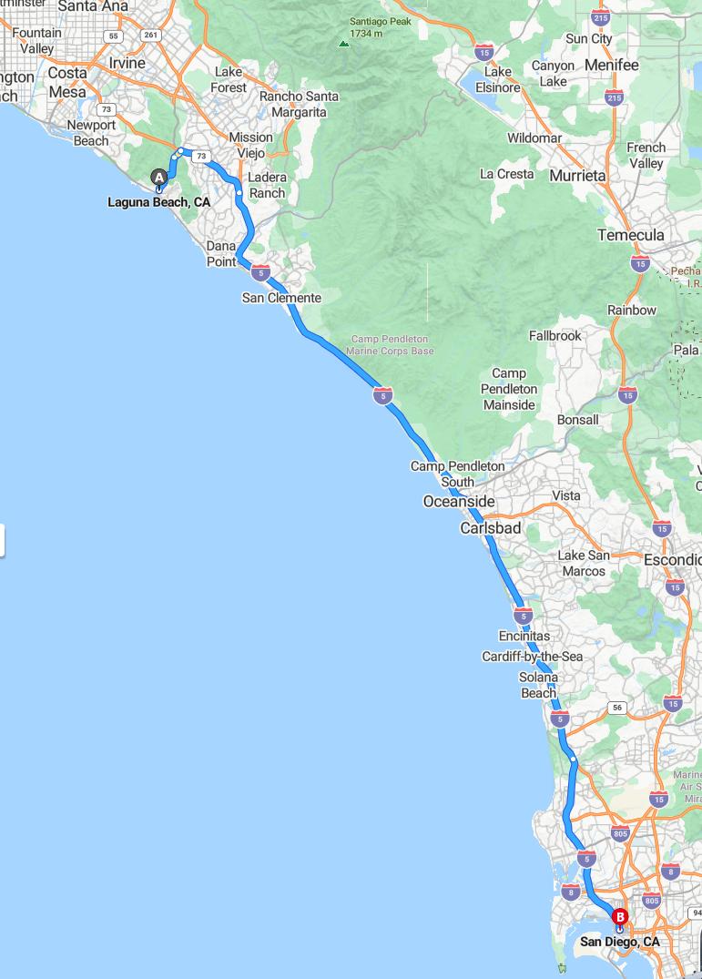 driving from Laguna Beach, California to San DiegoCalifornia - map and route