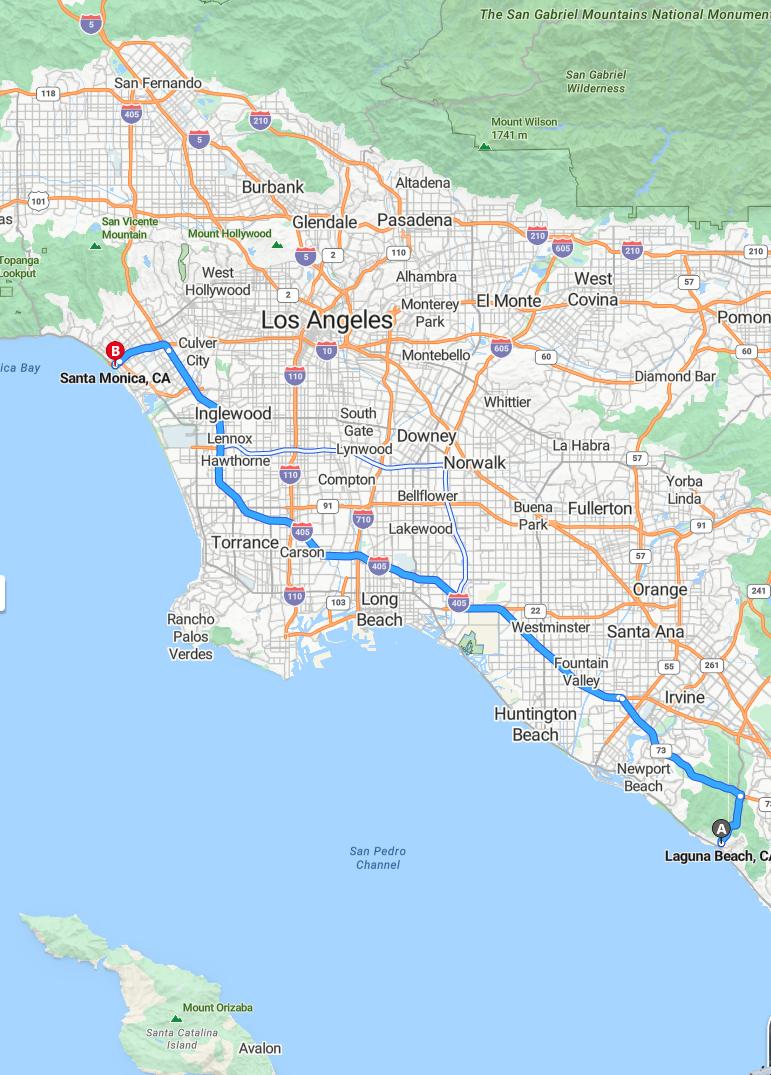 driving from Laguna Beach, California to Santa MonicaCalifornia - map and route