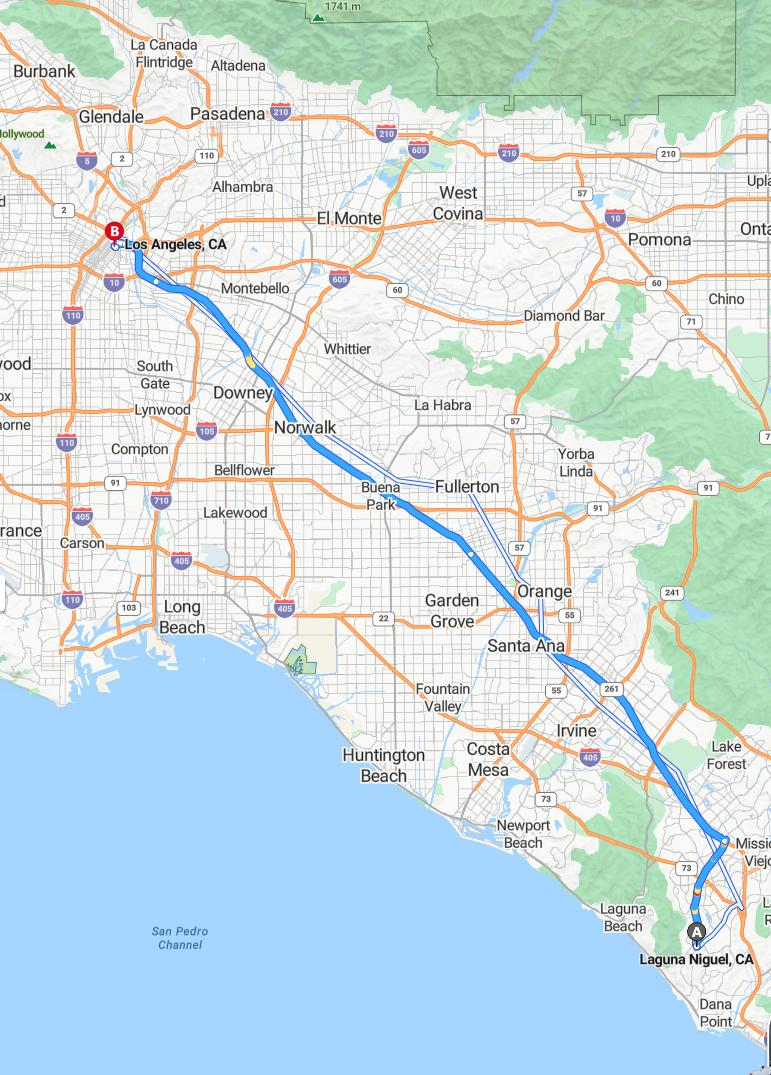 driving from Laguna Niguel, California to Los AngelesCalifornia - map and route