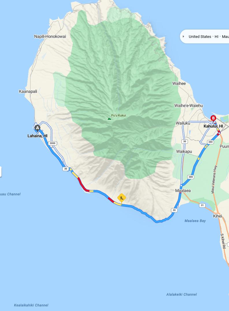 driving from Lahaina, Hawaii to KahuluiHawaii - map and route