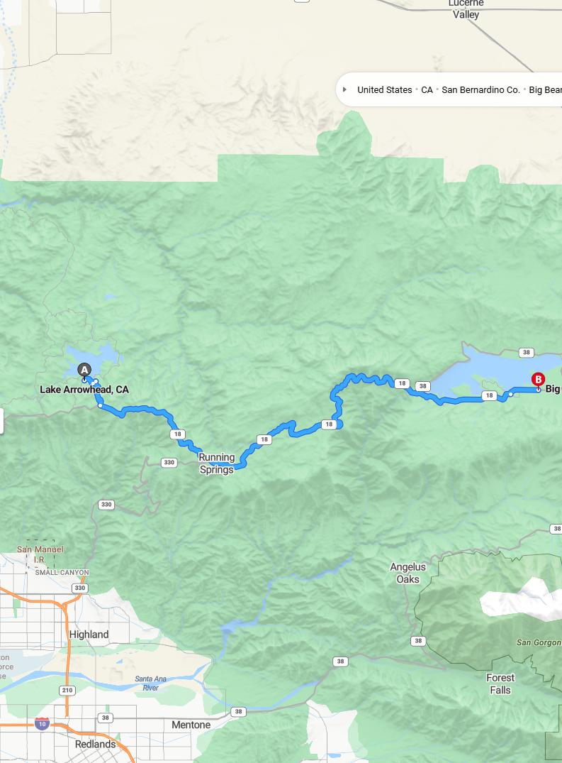 driving from Lake Arrowhead, California to Big BearCalifornia - map and route