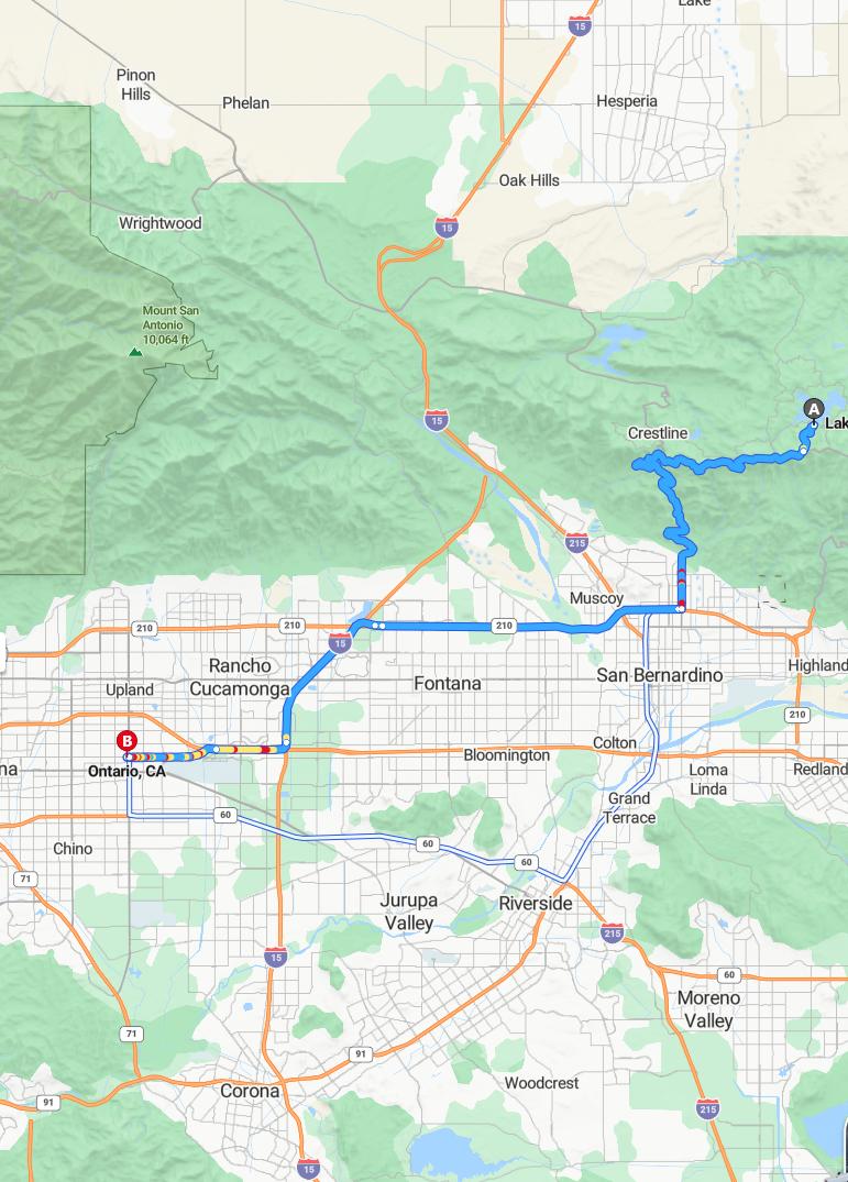driving from Lake Arrowhead, California to OntarioCalifornia - map and route