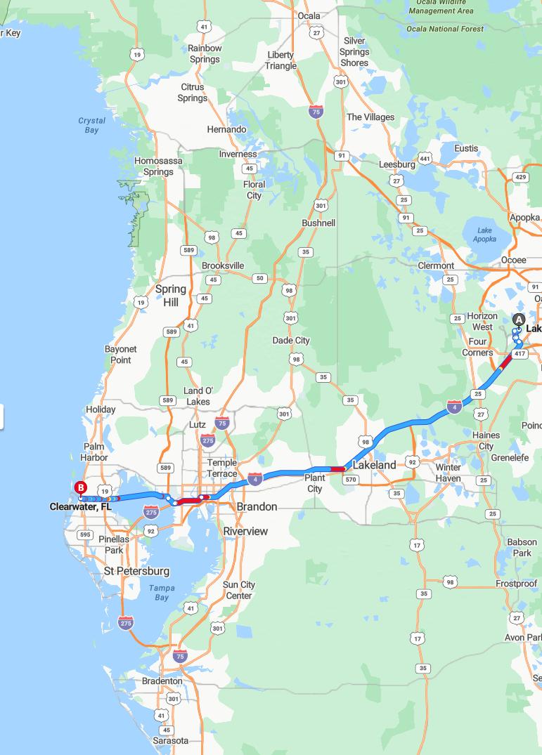 driving from Lake Buena Vista, Florida to ClearwaterFlorida - map and route