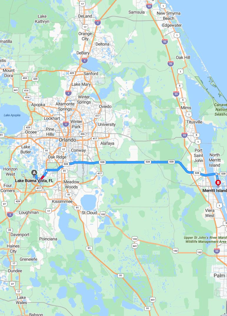 driving from Lake Buena Vista, Florida to Merritt IslandFlorida - map and route