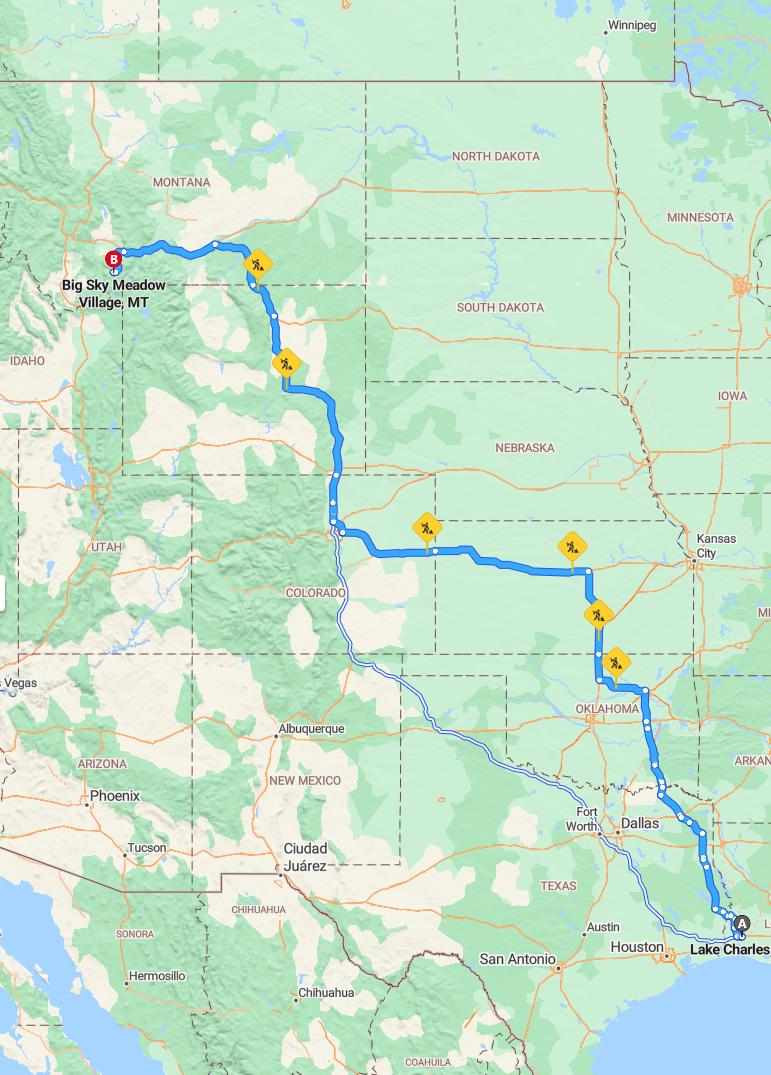 driving from Lake Charles, Louisiana to Big SkyMontana - map and route