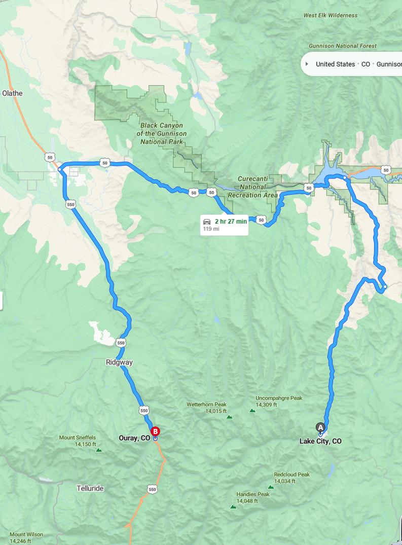 driving from Lake City, Colorado to OurayColorado - map and route