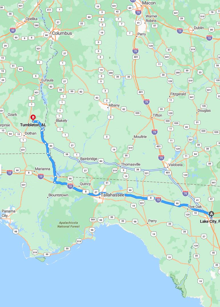 driving from Lake City, Florida to TumbletonAlabama - map and route