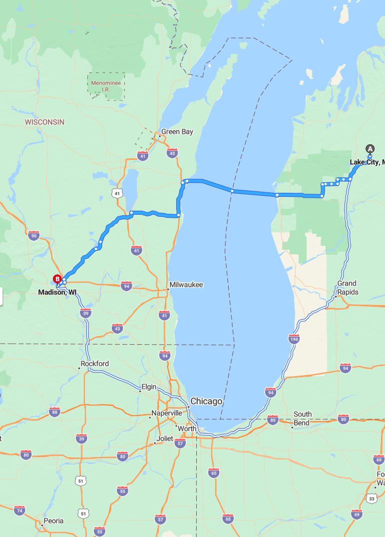 driving from Lake City, Michigan to MadisonWisconsin - map and route