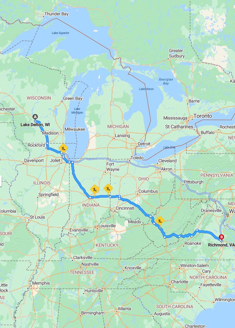 driving from Lake Delton, Wisconsin to RichmondVirginia - map and route