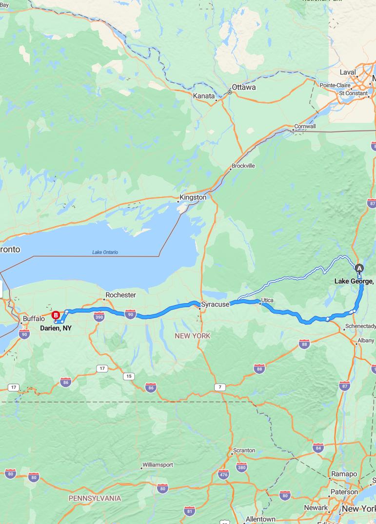 driving from Lake George, New York to DarienNew York - map and route