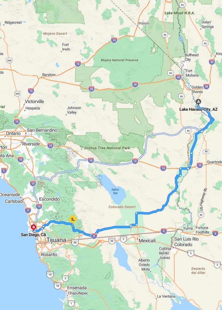 driving from Lake Havasu, Arizona to San DiegoCalifornia - map and route