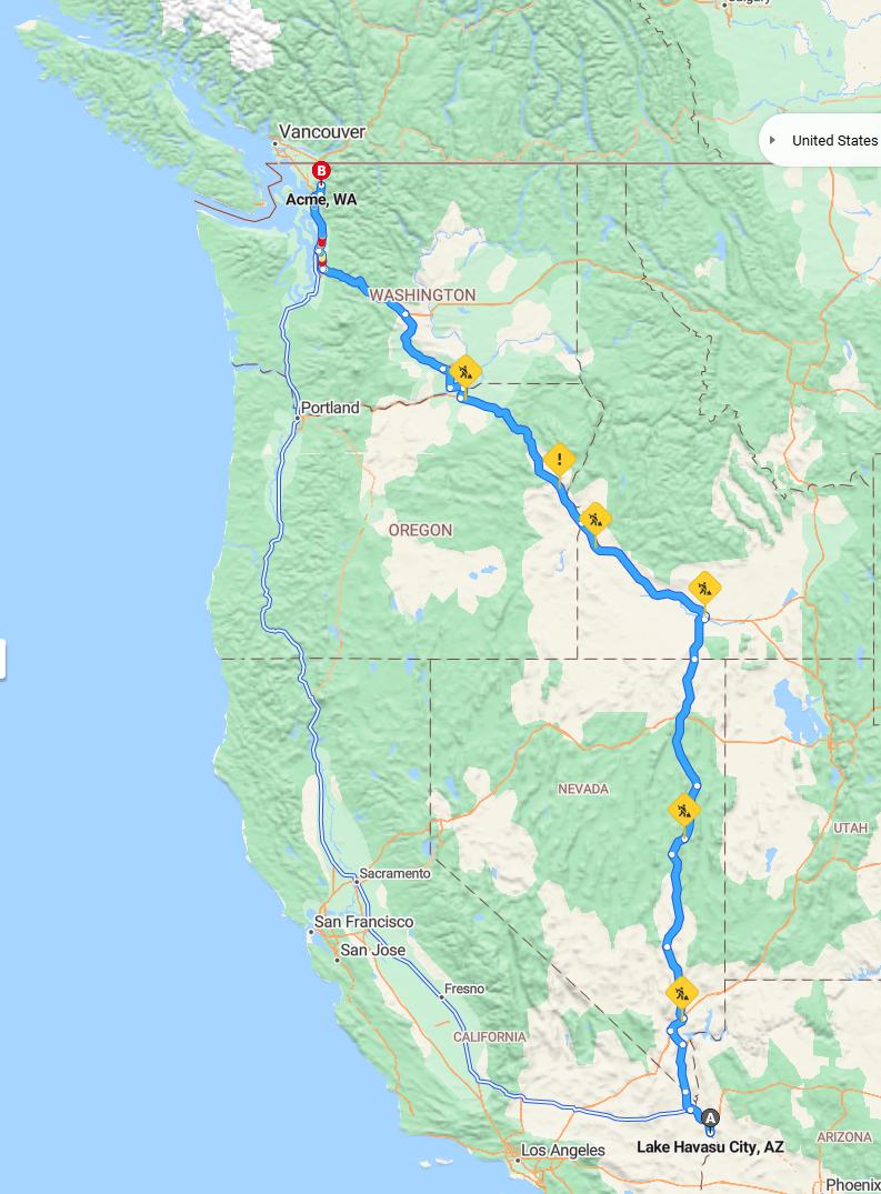 driving from Lake Havasu City, Arizona to AcmeWashington - map and route