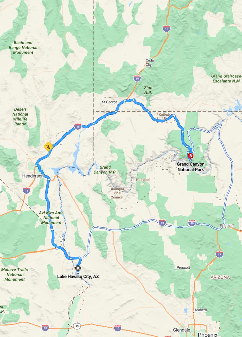 driving from Lake Havasu City, Arizona to Grand CanyonArizona - map and route