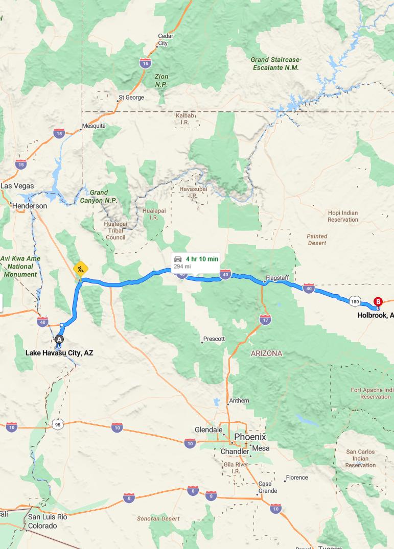 driving from Lake Havasu City, Arizona to HolbrookArizona - map and route