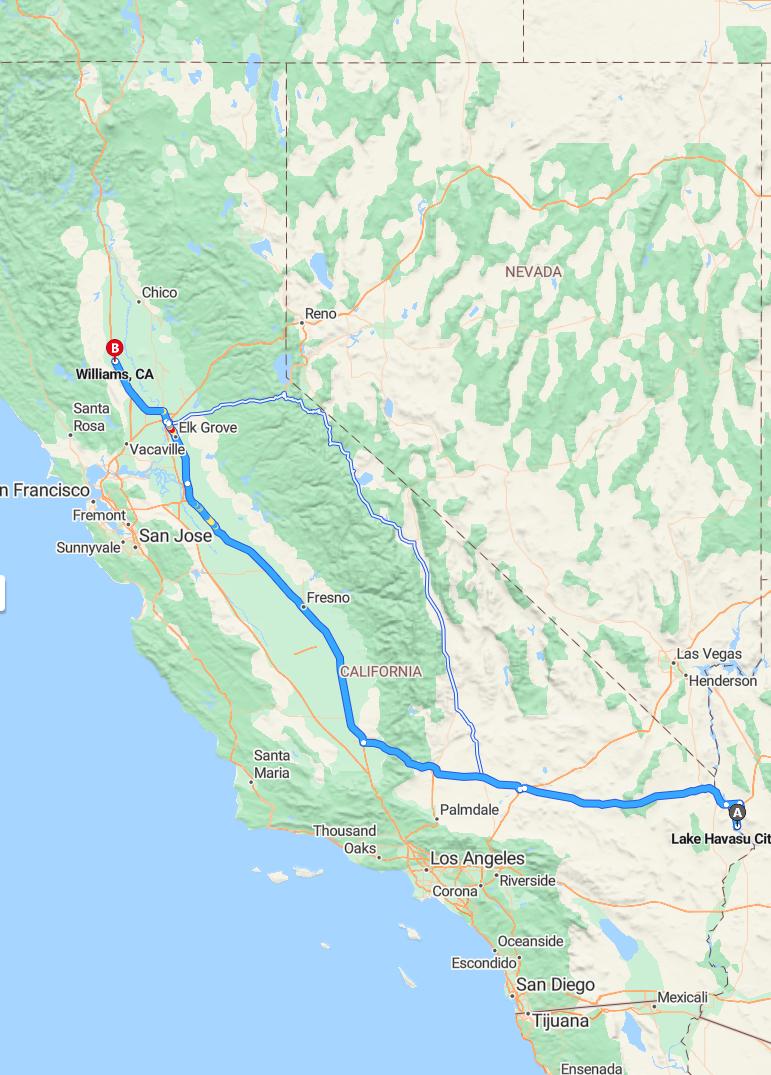 driving from Lake Havasu City, Arizona to WilliamsCalifornia - map and route