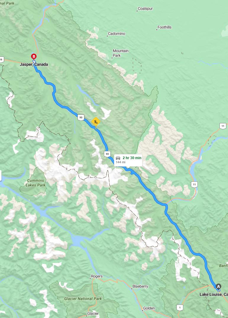 driving from Lake Louise, Alberta to JasperAlberta - map and route
