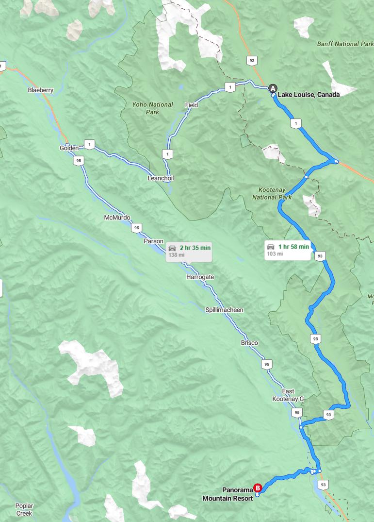 driving from Lake Louise, Alberta to PanoramaBritish Columbia - map and route