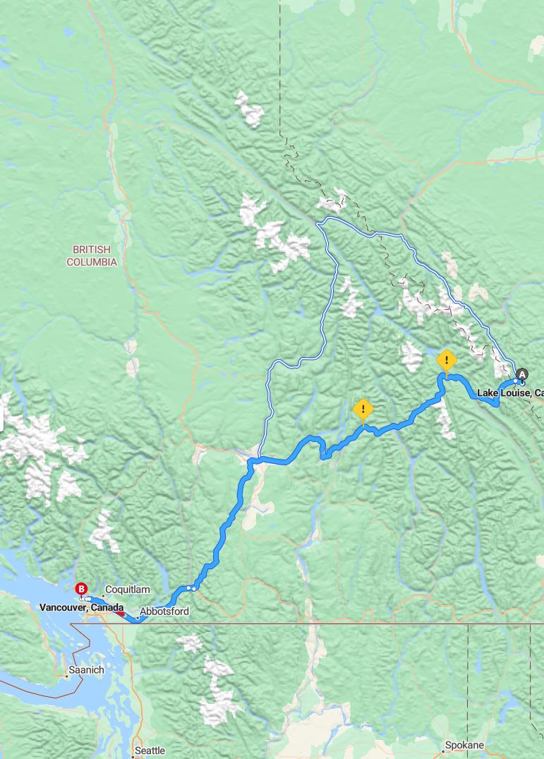 driving from Lake Louise, Alberta to VancouverBritish Columbia - map and route