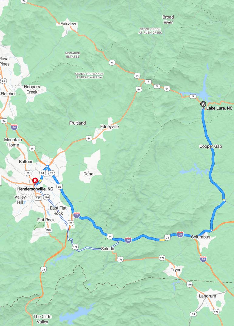 driving from Lake Lure, North Carolina to HendersonvilleNorth Carolina - map and route