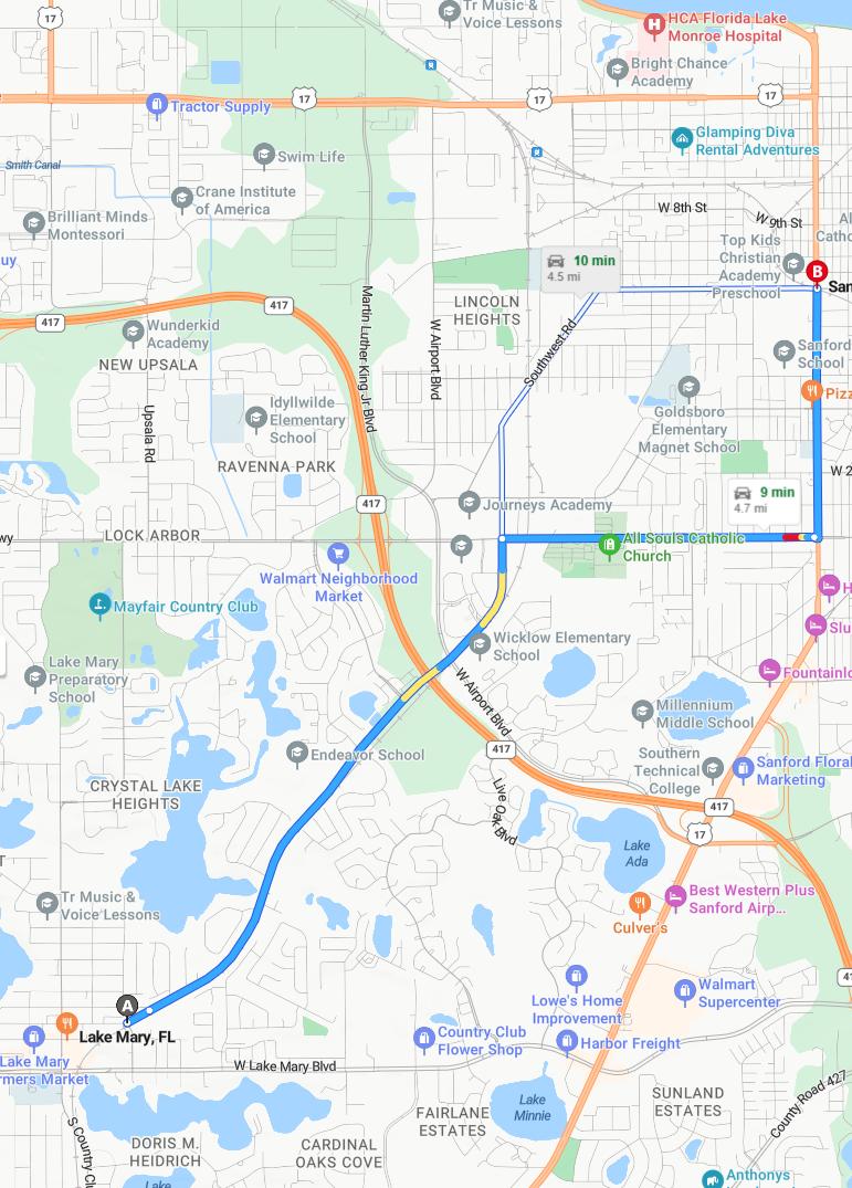 driving from Lake Mary, Florida to SanfordFlorida - map and route