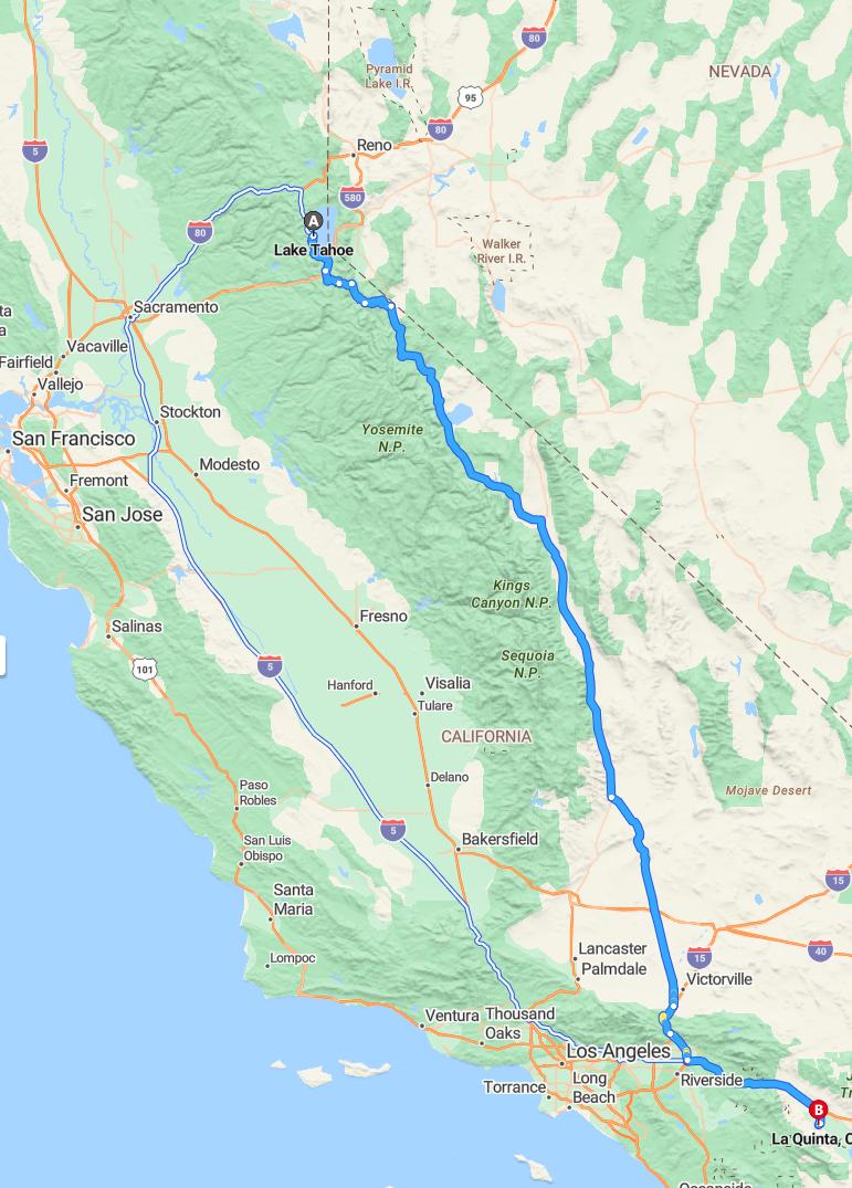 driving from Lake Tahoe, California to La QuintaCalifornia - map and route