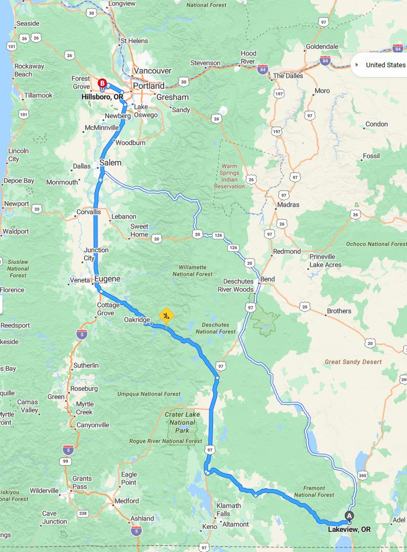 driving from Lakeview, Oregon to HillsboroOregon - map and route