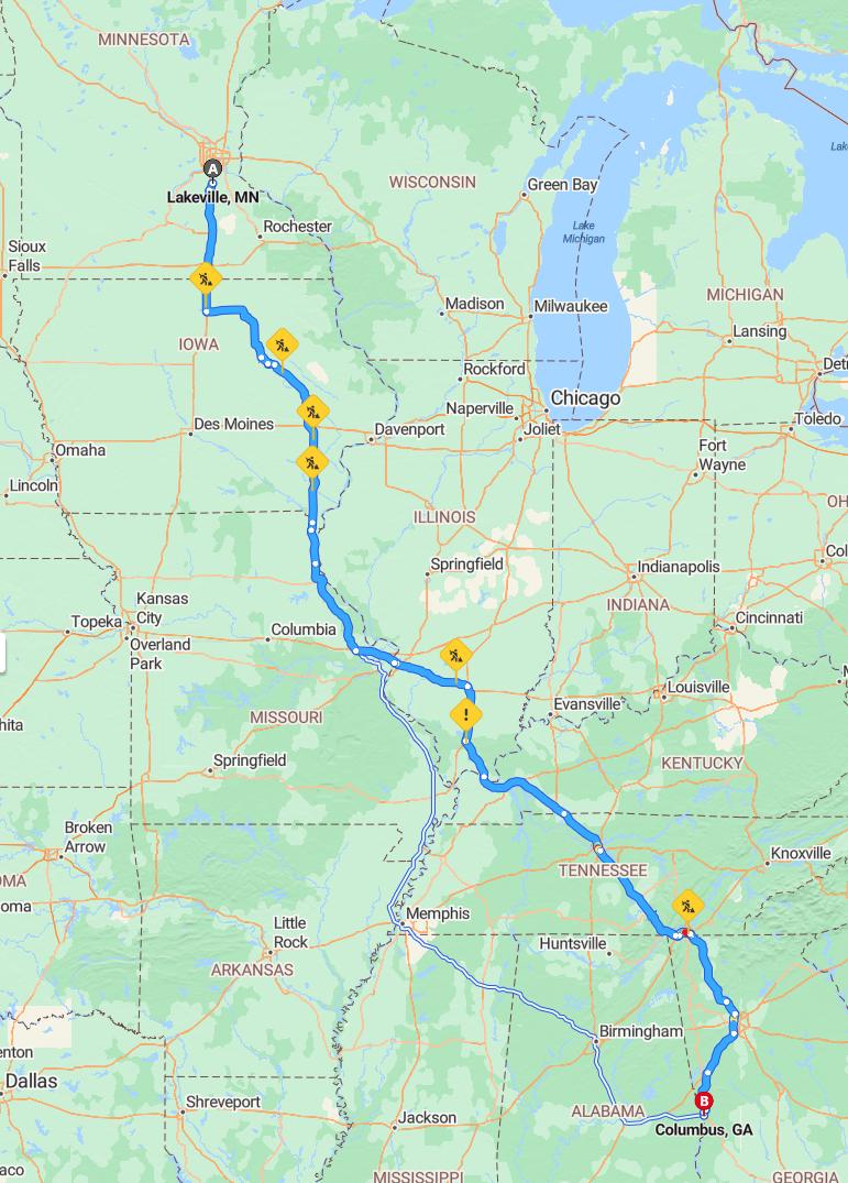 driving from Lakeville, Minnesota to ColumbusGeorgia - map and route