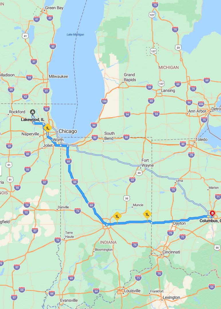 driving from Lakewood, Illinois to ColumbusOhio - map and route