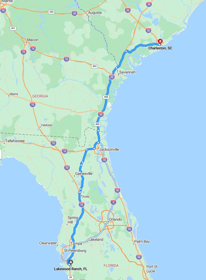driving from Lakewood Ranch, Florida to CharlestonSouth Carolina - map and route