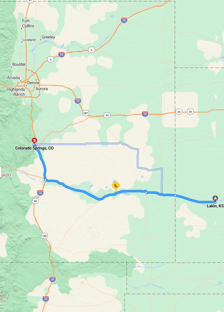 driving from Lakin, Kansas to Colorado SpringsColorado - map and route