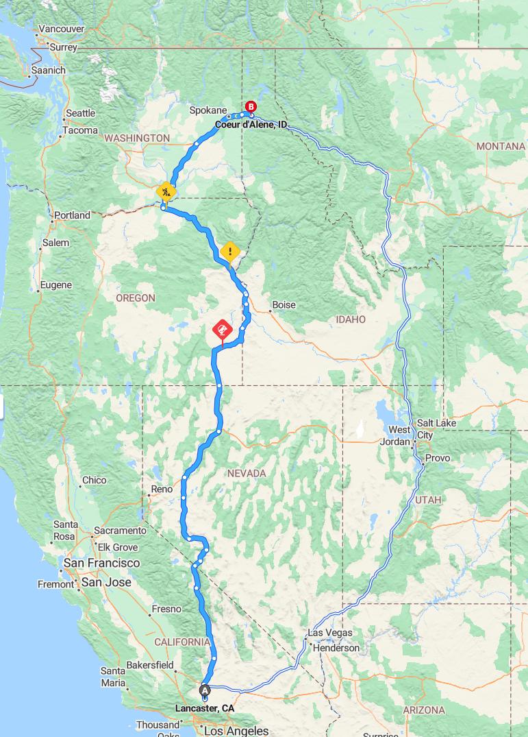 driving from Lancaster, California to Coeur d'AleneIdaho - map and route