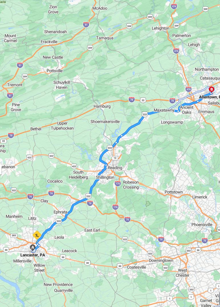 driving from Lancaster, Pennsylvania to AllentownPennsylvania - map and route