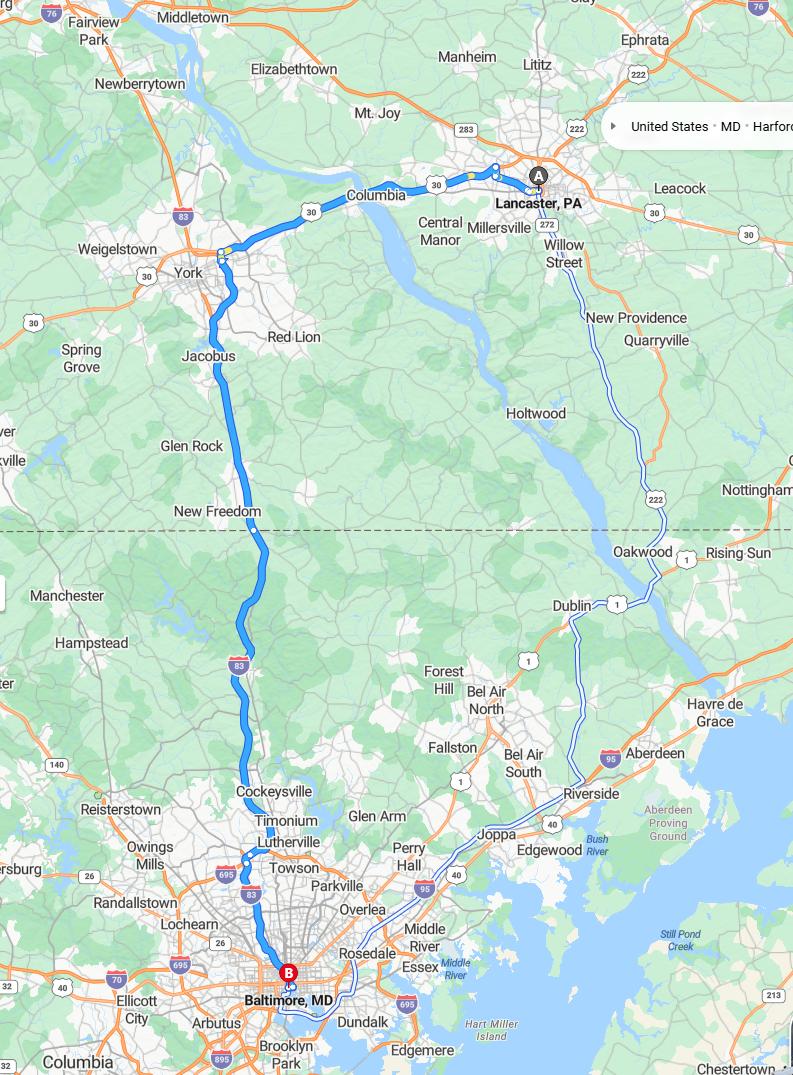 driving from Lancaster, Pennsylvania to BaltimoreMaryland - map and route