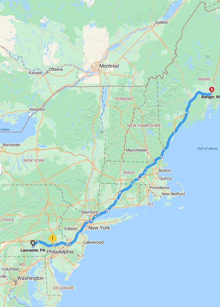 driving from Lancaster, Pennsylvania to BangorMaine - map and route