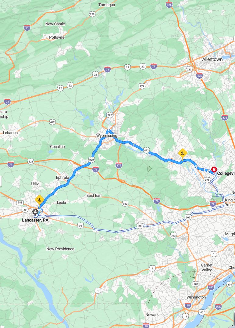 driving from Lancaster, Pennsylvania to CollegevillePennsylvania - map and route