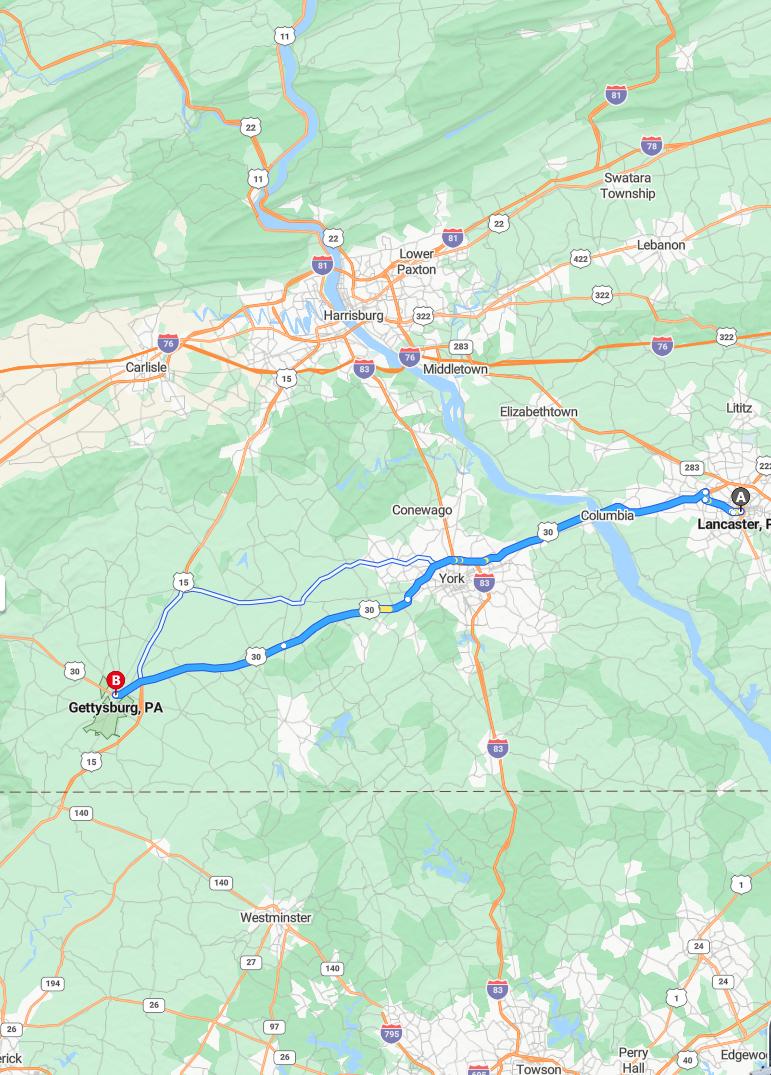 driving from Lancaster, Pennsylvania to GettysburgPennsylvania - map and route