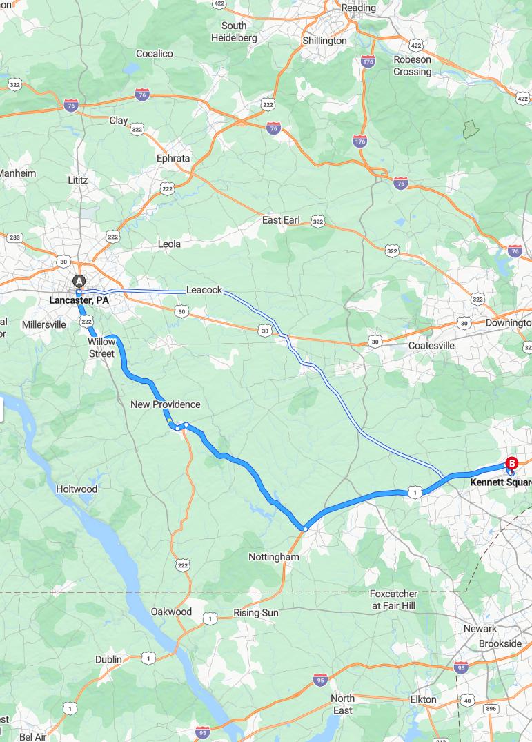 driving from Lancaster, Pennsylvania to Kennett SquarePennsylvania - map and route