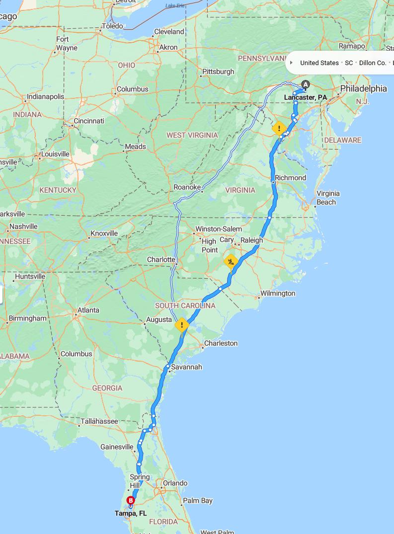 driving from Lancaster, Pennsylvania to TampaFlorida - map and route