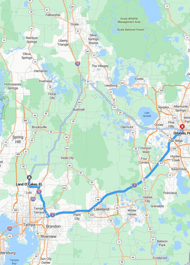 driving from Land O' Lakes, Florida to OrlandoFlorida - map and route